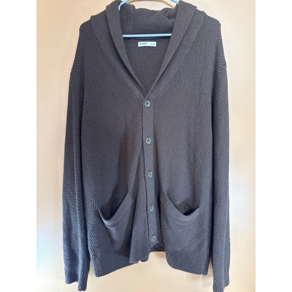 Sonoma Goods For Life Mens XL Brown Waffle Knit Hooded Shawl‎ Cardigan Sweater